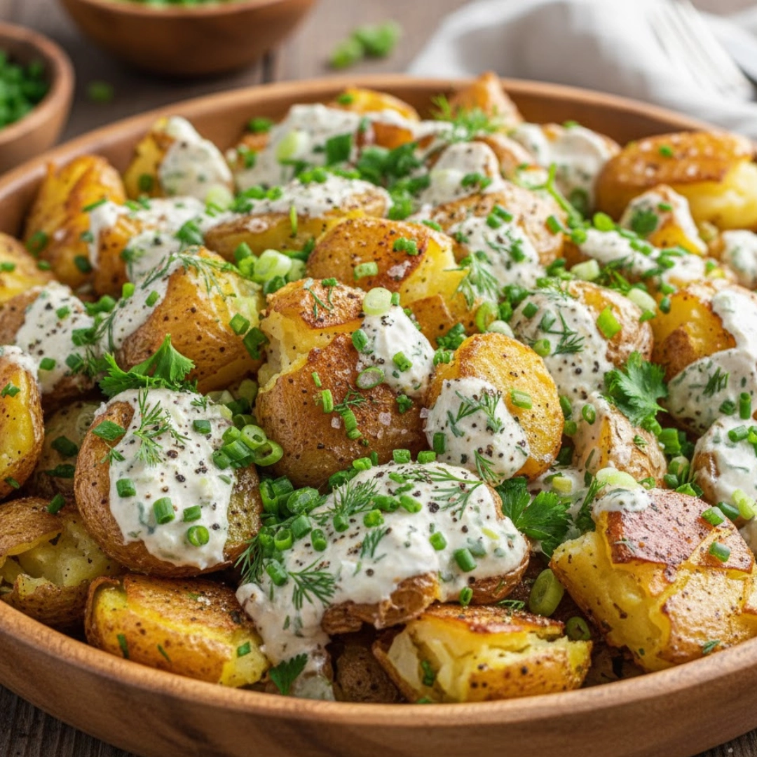 A bowl of warm, vibrant green Crispy Smashed Potato Salad with visible crunchy edges.