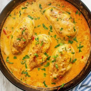 A vibrant bowl of Spicy Brazilian Coconut Chicken garnished with cilantro and served with rice.