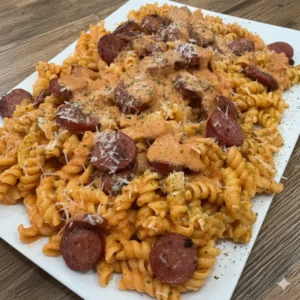 Creamy Smoked Sausage Pasta Recipe served in a bowl, garnished with parsley.