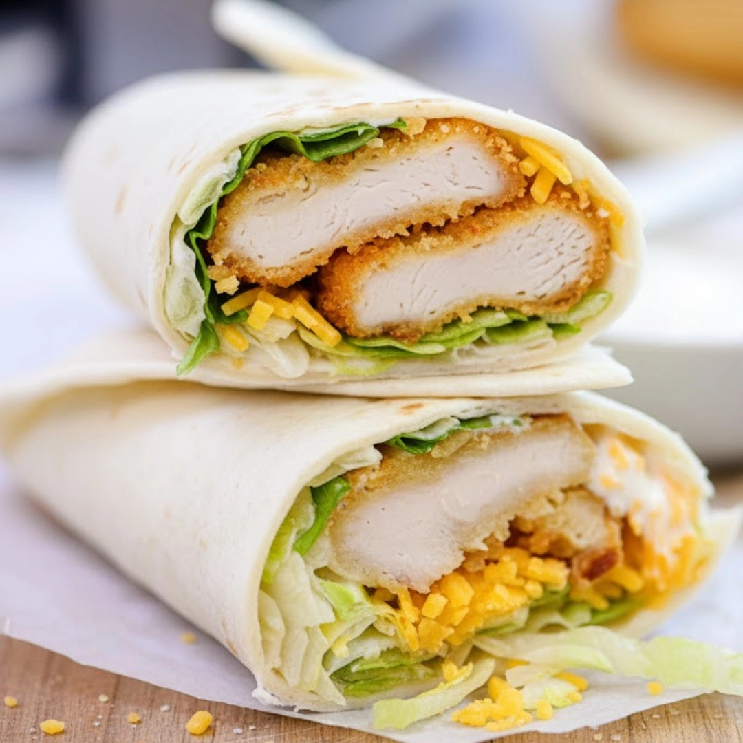 Platter of three perfectly golden Air Fryer Crispy Chicken Snack Wraps with ranch dressing for dipping