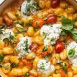 A close-up of a serving of Creamy Tomato Gnocchi with Burrata garnished with fresh basil.