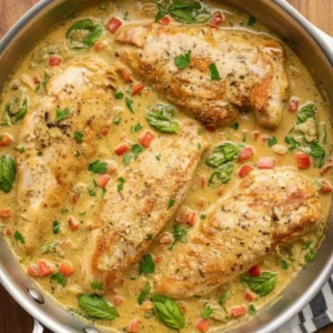 A plate of perfectly seared chicken coated in rich, velvety Creamy Pesto Chicken Recipe sauce, garnished with basil.