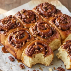 Gooey plate of warm Maple Pecan Sticky Buns with caramel topping and chopped nuts.