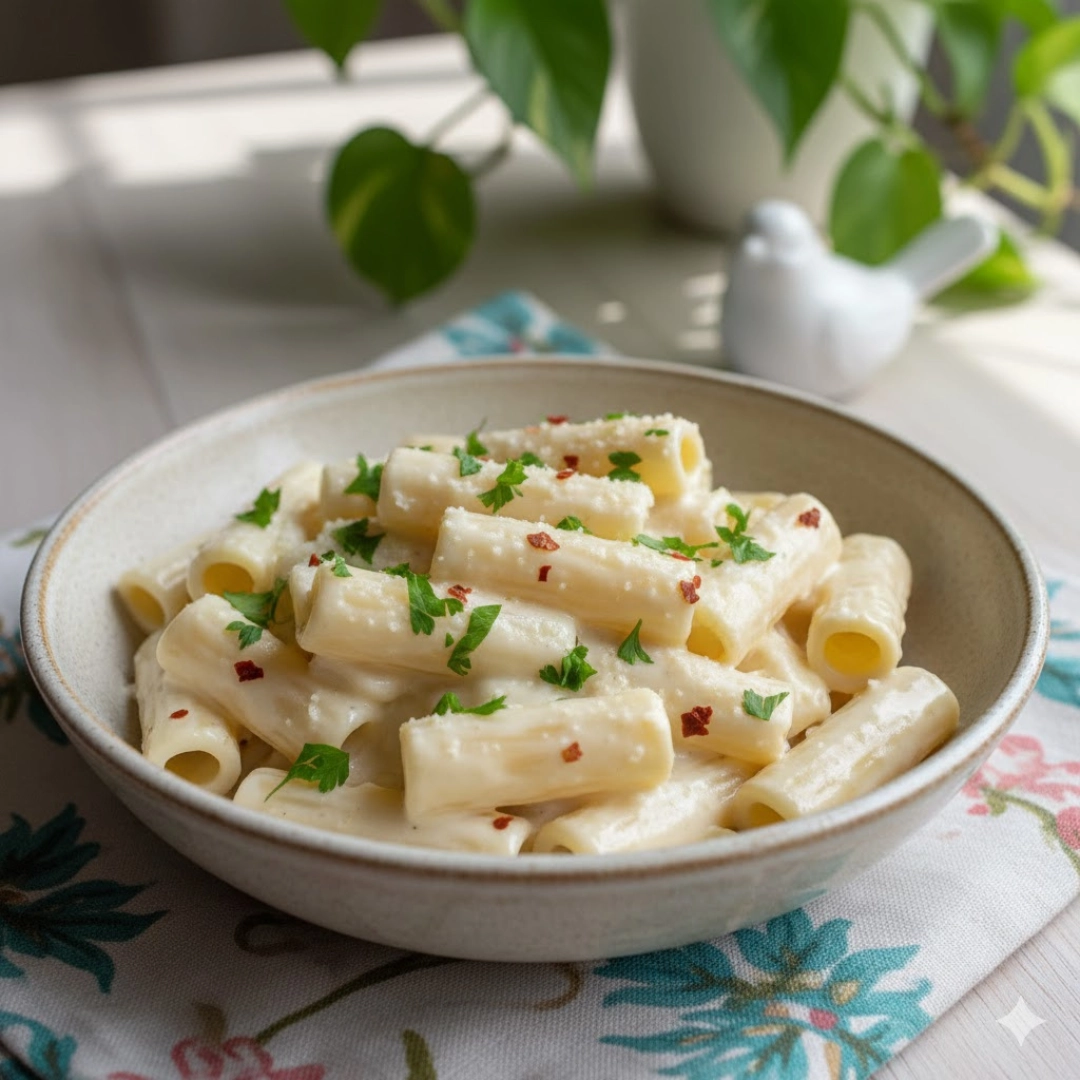Overhead shot of a large pot of One-Pot Creamy Garlic Pasta garnished with fresh parsley