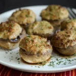 A close-up view of golden brown, savory air fryer stuffed mushrooms garnished with fresh parsley.