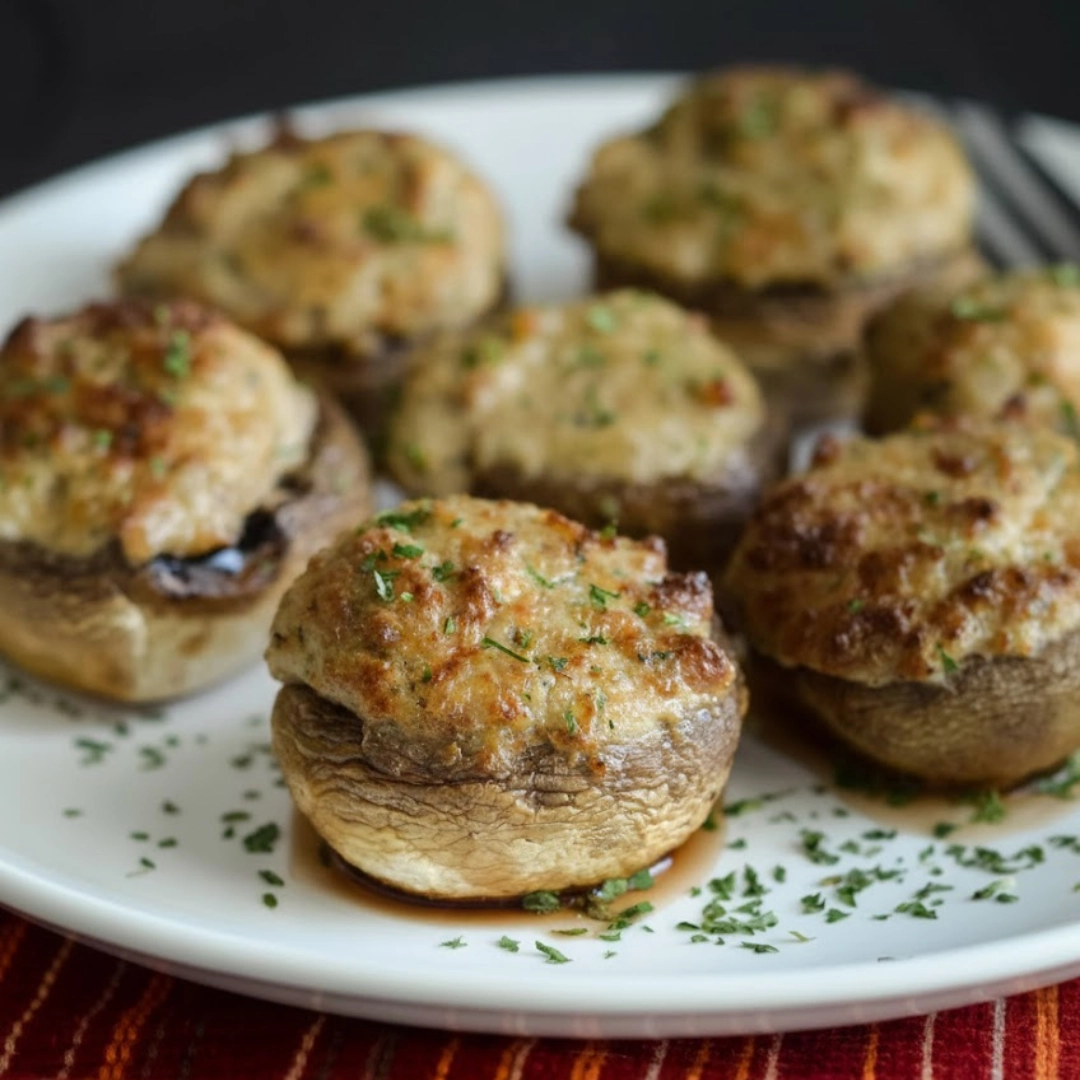 A close-up view of golden brown, savory air fryer stuffed mushrooms garnished with fresh parsley.