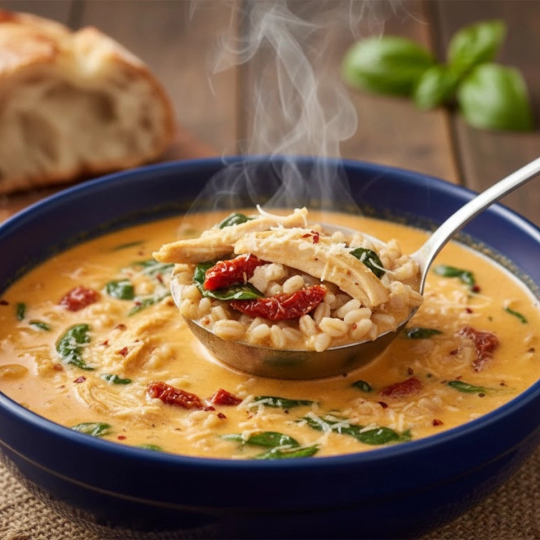 Creamy bowl of Marry Me Tuscan Chicken Soup garnished with fresh herbs and Parmesan.