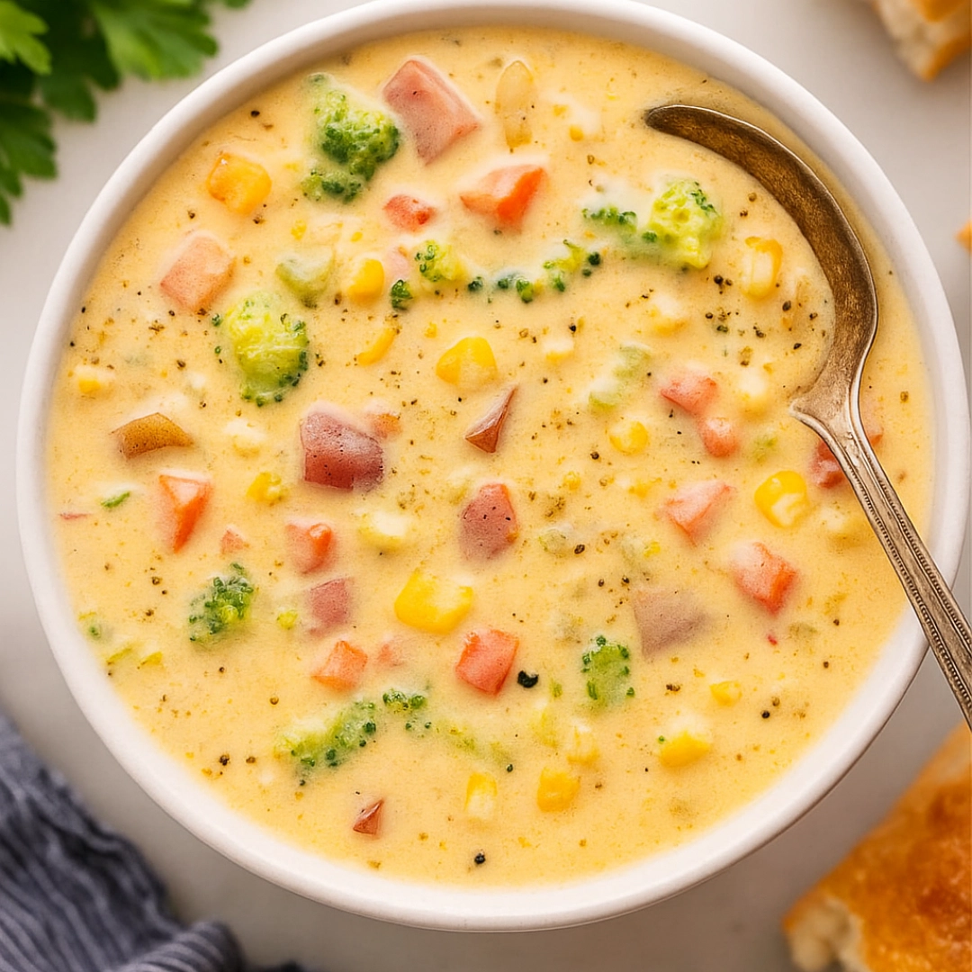 Creamy Vegetable Soup in a bowl with cheddar and herbs