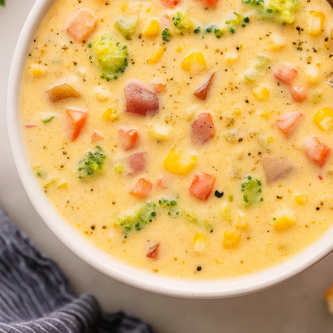 Creamy Vegetable Soup in a bowl with cheddar and herbs