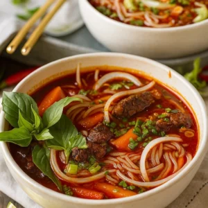 Spicy Vietnamese Beef Stew served with noodles and fresh herbs