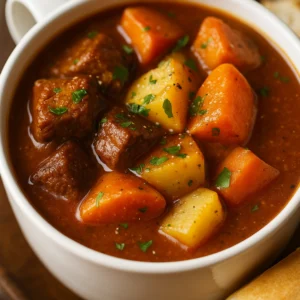 Sweet Potato Beef Stew served in a Dutch oven with herbs