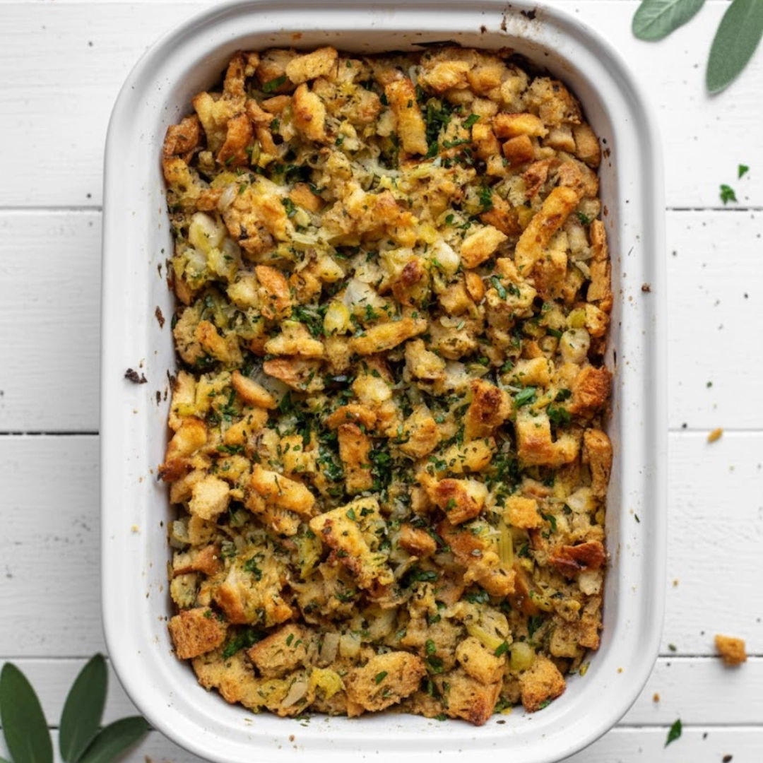 Savory stuffing recipe baked with herbs and butter