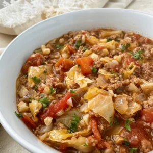 A large bowl of savory Slow Cooker Unstuffed Cabbage Rolls topped with sour cream and fresh dill, ready to eat.