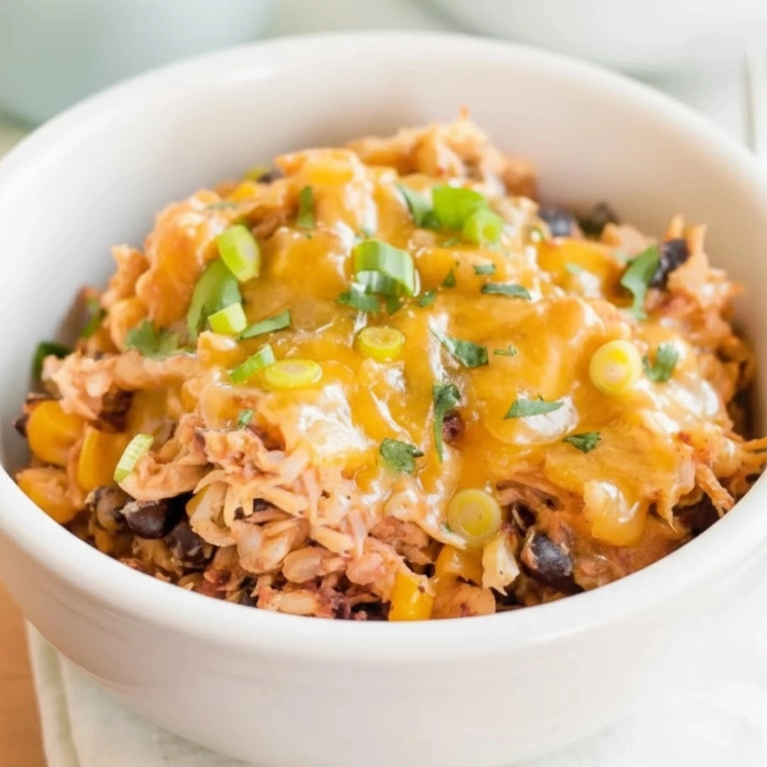 A generous bowl of Slow Cooker Chicken Burrito Bowls topped with avocado, cilantro, and sour cream.