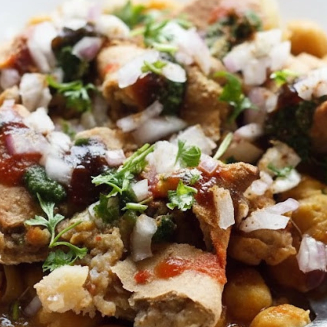 A beautifully plated and garnished bowl of the ultimate homemade samosa chaat recipe with chana masala and colorful chutneys.