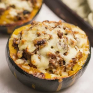 Two halves of fully baked Beef Stuffed Acorn Squash garnished with parsley on a wooden board.