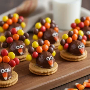 A completed plate of adorable no-bake Turkey Cookies featuring colorful candy feathers and chocolate bodies.