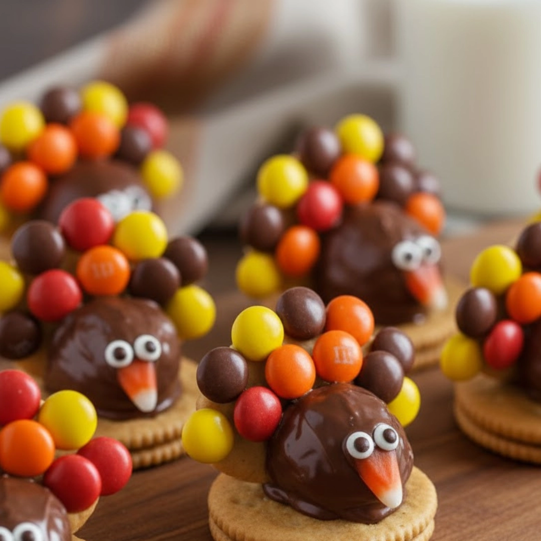 A completed plate of adorable no-bake Turkey Cookies featuring colorful candy feathers and chocolate bodies.
