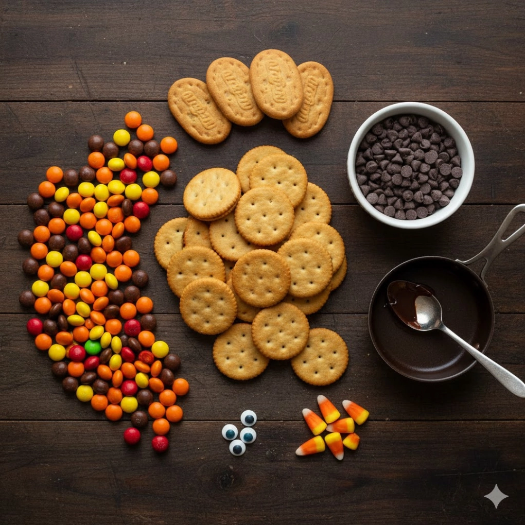 Layflat of all ingredients: peanut butter crackers, melted chocolate, small nut butter cookies, and colorful candies for making Turkey Cookies.