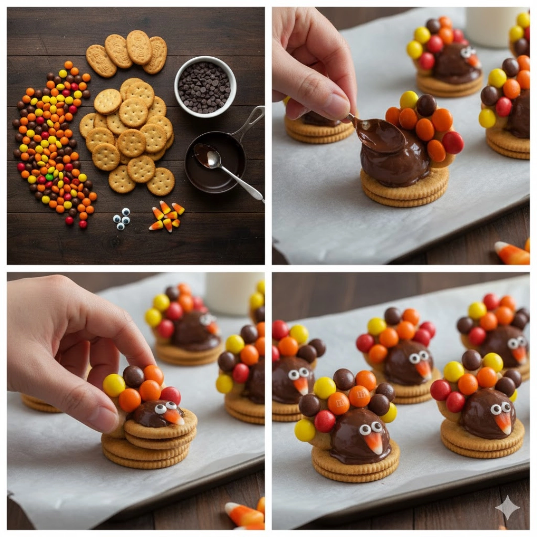 Hands demonstrating the step-by-step assembly of the candy feathers onto the cracker base for the Turkey Cookies