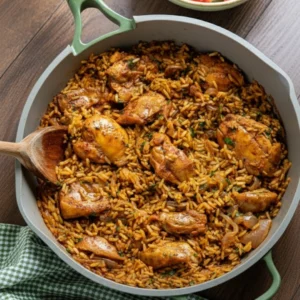 A Dutch oven filled with fluffy rice and golden One-Pot Shawarma Chicken and Rice thighs, garnished with parsley.