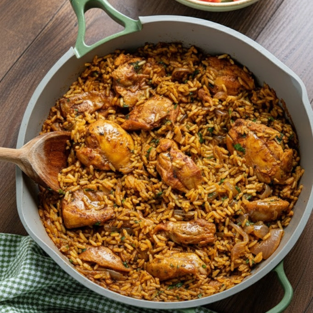 A Dutch oven filled with fluffy rice and golden One-Pot Shawarma Chicken and Rice thighs, garnished with parsley.
