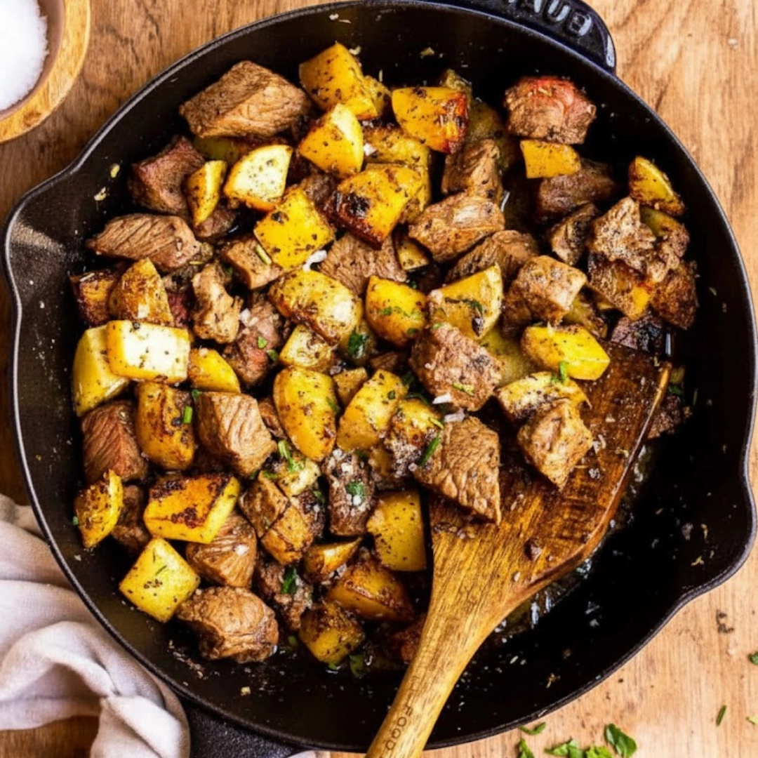 A close-up of a serving bowl filled with the hot, butter-coated Garlic Steak Bites and Potatoes Recipe garnished with fresh herbs.