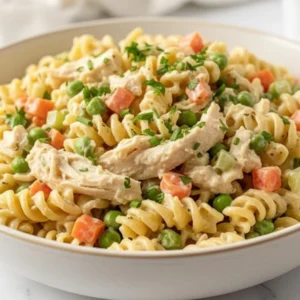 A deep bowl of creamy Classic Chicken Pot Pie Pasta topped with fresh parsley, ready to eat.
