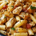 A large bowl of creamy Honey Pepper Chicken Pasta with glazed chicken pieces and fresh parsley garnish