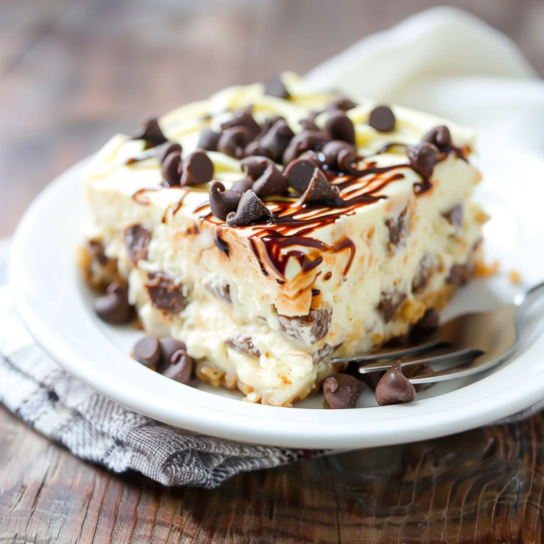 Creamy No Bake Chocolate Chip Cheesecake with mini chocolate chips