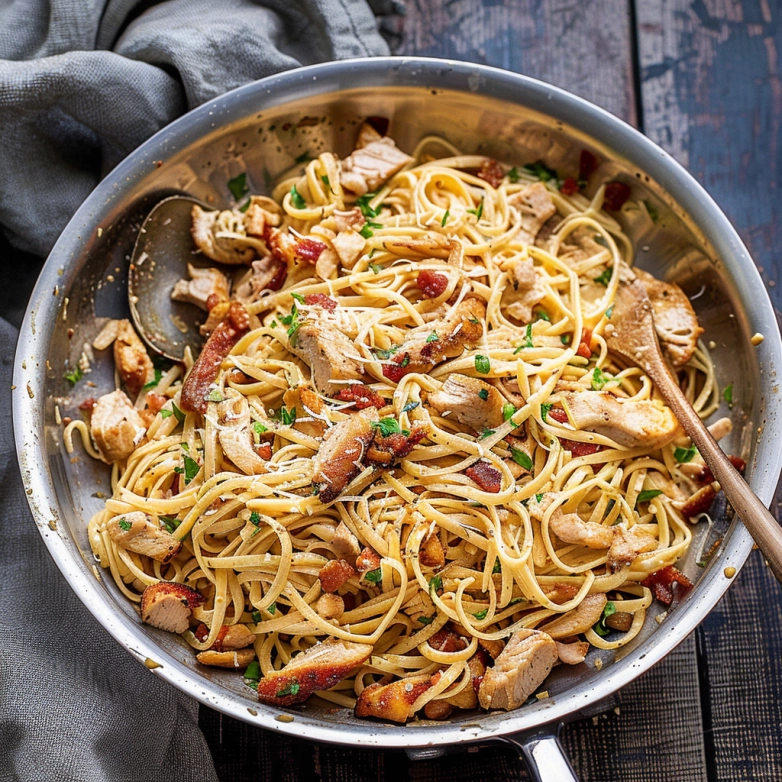 creamy chicken carbonara recipe served in a skillet creamy chicken carbonara recipe served in a skillet