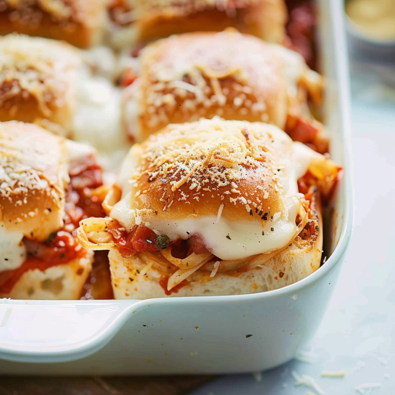 Easy Meatball Sliders with marinara, mozzarella, and Parmesan topping