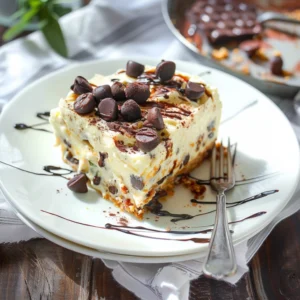 Creamy No Bake Chocolate Chip Cheesecake with mini chocolate chips