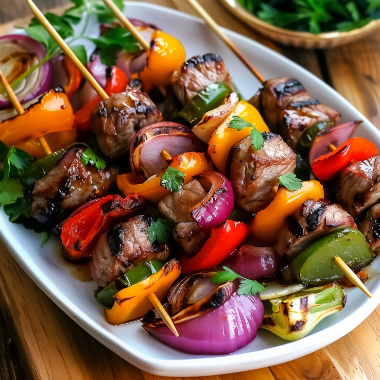 juicy grilled steak kabobs on skewers with vegetables