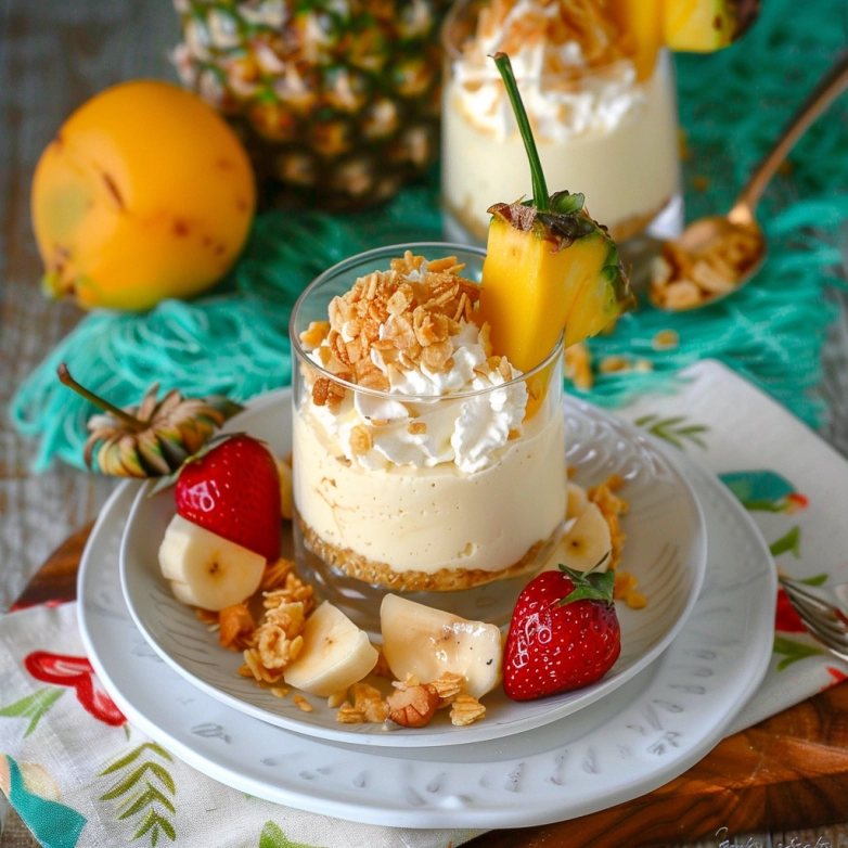 Pina Colada Cheesecake Mousse layered with coconut crumble and whipped cream