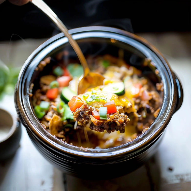 Crockpot Taco Casserole slow cooker dinner with cheese and chips