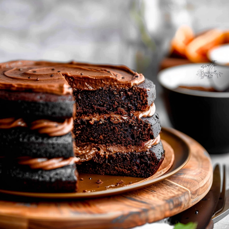 Moist gluten free chocolate cake with butter and rich chocolate frosting