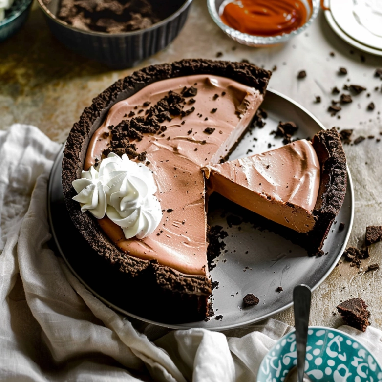 creamy 3-ingredient no bake chocolate cheesecake topped with whipped cream