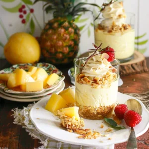 Pina Colada Cheesecake Mousse layered with coconut crumble and whipped cream