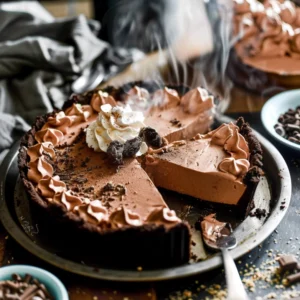 creamy 3-ingredient no bake chocolate cheesecake topped with whipped cream