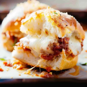 Easy Meatball Sliders with marinara, mozzarella, and Parmesan topping