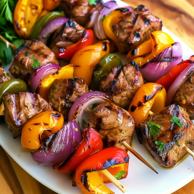 juicy grilled steak kabobs on skewers with vegetables