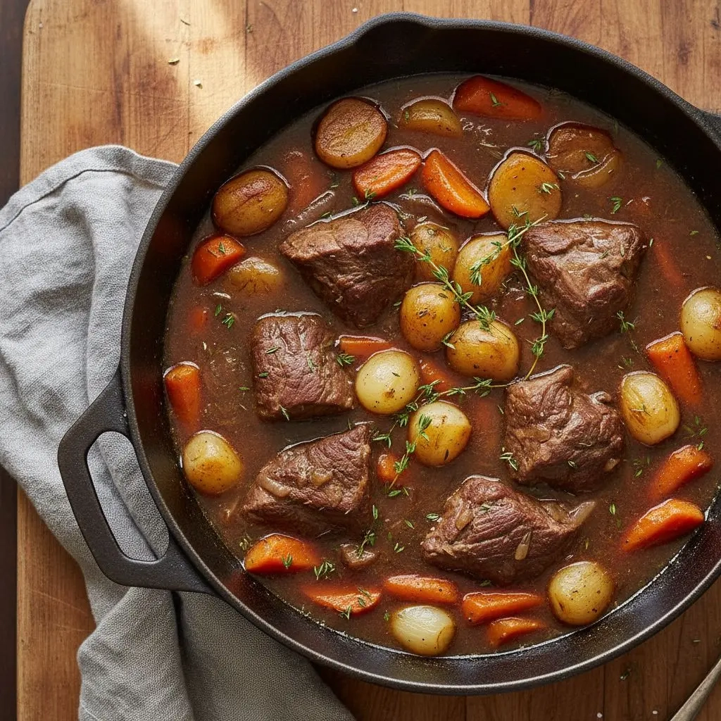 Ingredients for beef stew with potatoes on a kitchen counter