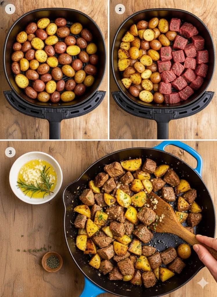 Hands tossing the air-fried steak and potatoes in a bowl with melted garlic butter and herbs, completing the Garlic Steak Bites and Potatoes Recipe.