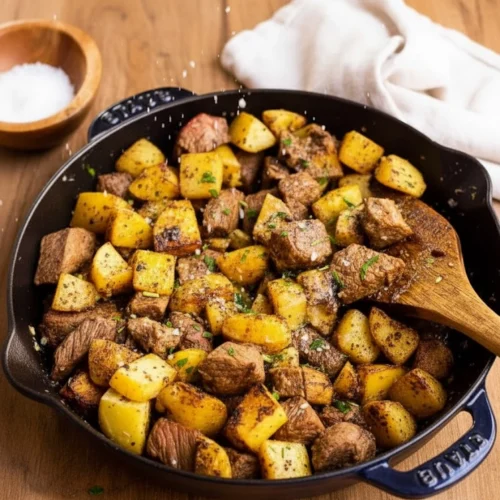A close-up of a serving bowl filled with the hot, butter-coated Garlic Steak Bites and Potatoes Recipe garnished with fresh herbs.
