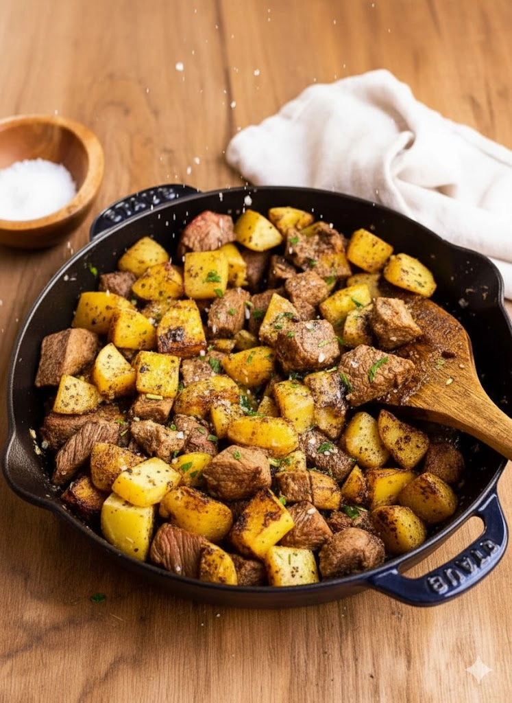 A close-up of a serving bowl filled with the hot, butter-coated Garlic Steak Bites and Potatoes Recipe garnished with fresh herbs.
