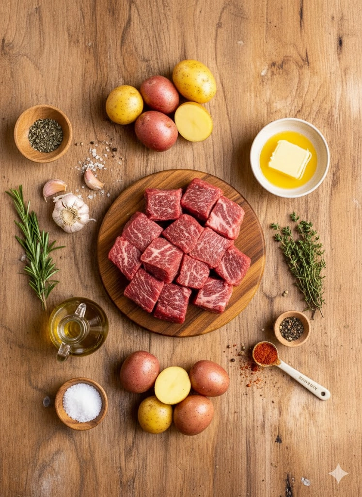 Key ingredients for the Garlic Steak Bites and Potatoes Recipe, including sirloin, baby potatoes, fresh garlic, rosemary, and butter.
