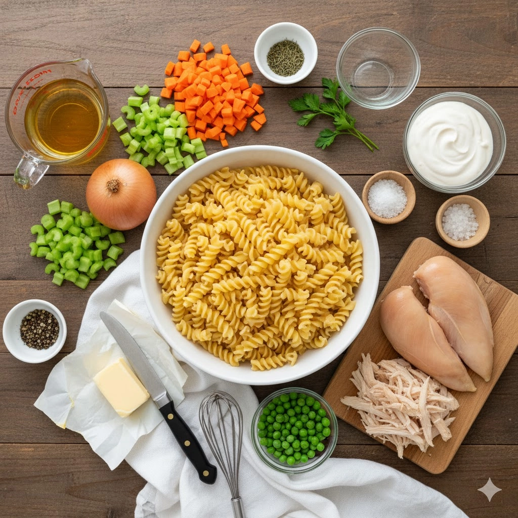 Essential ingredients laid out: pasta, cooked chicken, broth, dairy, carrots, peas, onion, and herbs for Classic Chicken Pot Pie Pasta