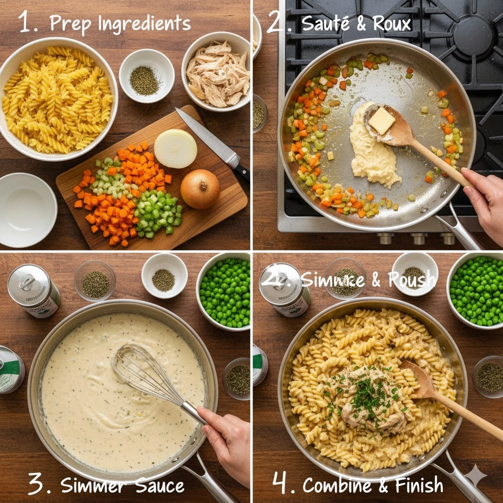 A skillet showing the thickening process of the roux, the base of the Classic Chicken Pot Pie Pasta sauce