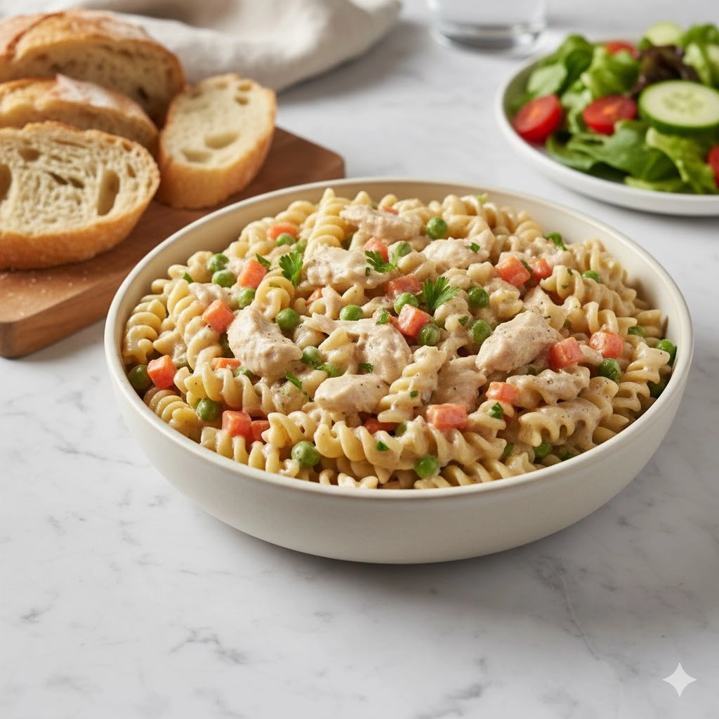 A deep bowl of creamy Classic Chicken Pot Pie Pasta topped with fresh parsley, ready to eat.